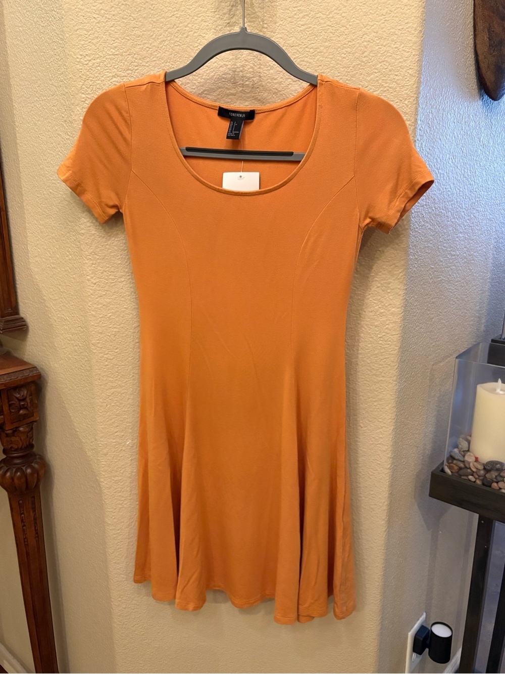 NWT~Forever 21 Mustard Yellow Scoop Neck Short Sleeve Swing Stretch Dress Size S